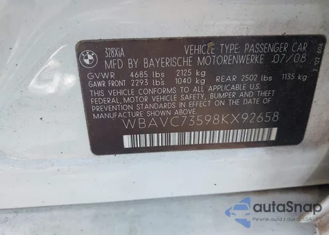 2008 BMW 328Xi z USA, uszkodzony, nr VIN WBAVC73598KX92658